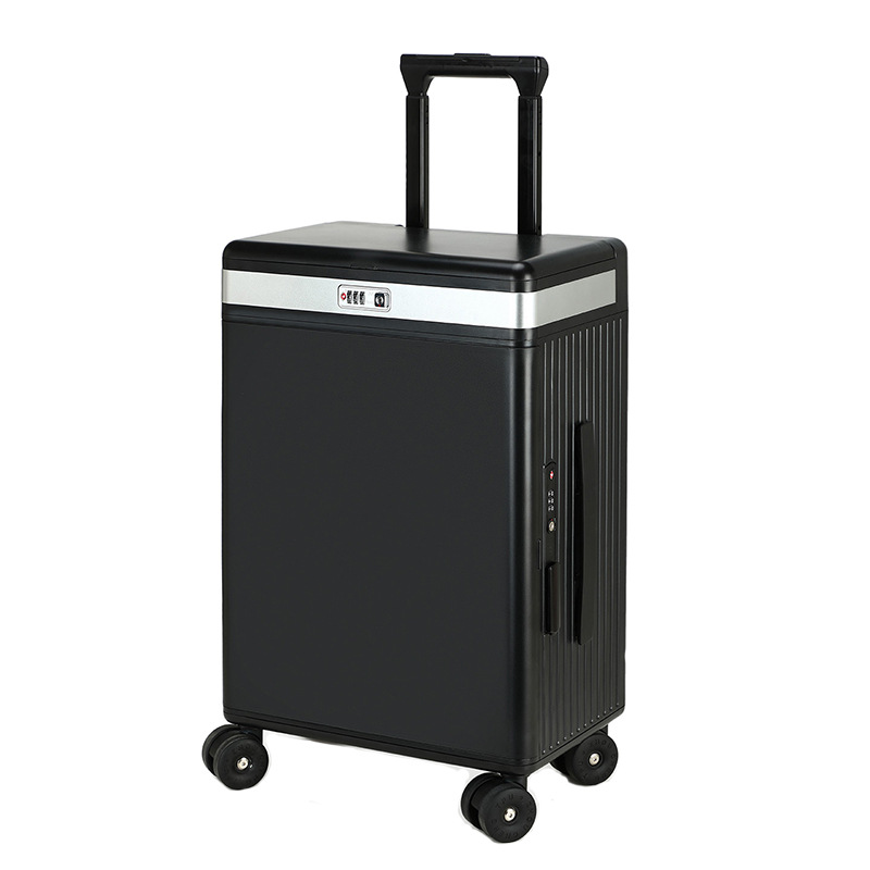 Vali kéo trang điểm có gương tích hợp đèn led, mở nắp bên hông, ngăn sâu lớn — Đêm cực đen + tay cầm đen + bánh xe đen