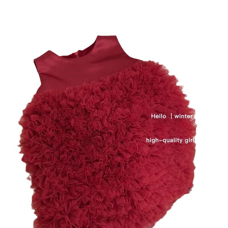Vestido Rojo de Otoño/Invierno para Niña, Modelo Sweet Little Sister 25, con Forro Polar, Vestido de Malla Hecho a Mano, Vestido de Año Nuevo, Vestido de Cumpleaños, Moderno