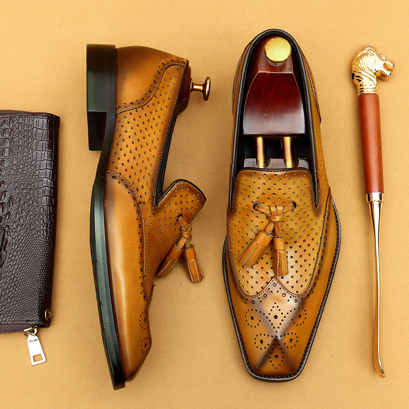 Casual summer leather shoes men's hollow breathable leather business dress shoes_vogvips.com
