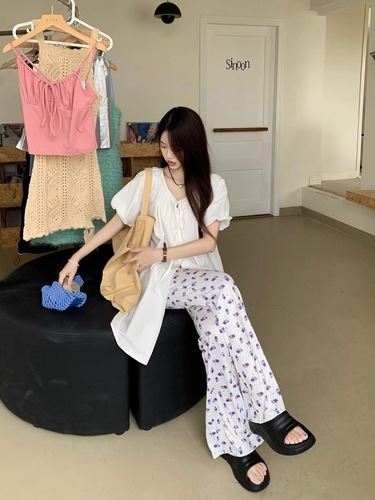 Women's White Bubble Sleeve Blouse Design-Band Collared Shirt Summer Korean Version Medium Long Loose Casual Top