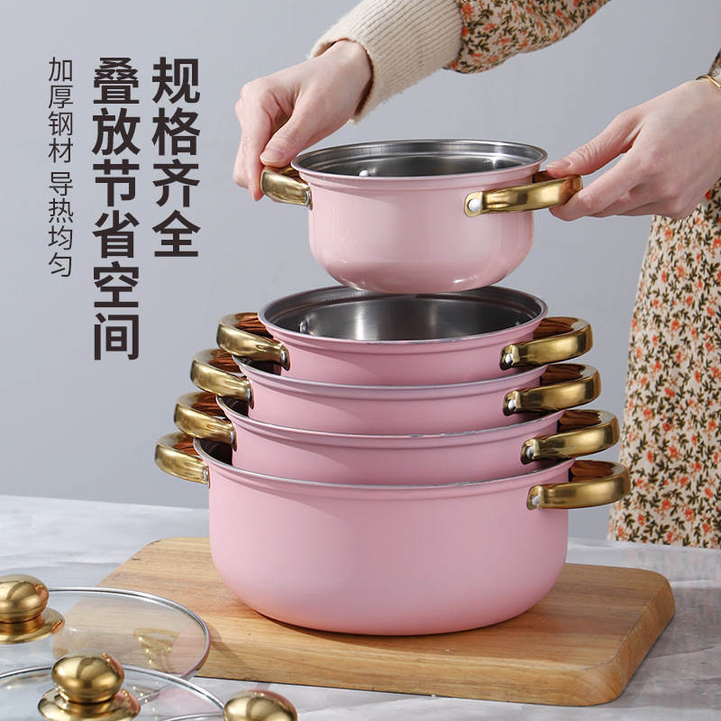 跨境礼品厂家直供10件套锅 家用厨房商用通用双耳汤锅 不锈钢套装|undefined