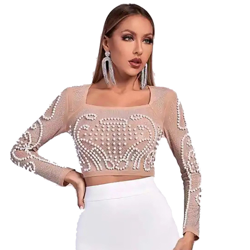 European and American lace sexy elegant mesh pearl bubble beads perspective long sleeve square collar party banquet top T-shirt