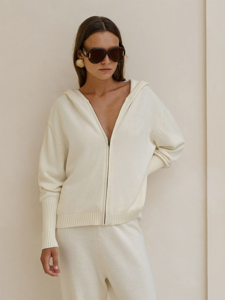 Bộ áo cardigan dệt kim có mũ khóa kéo dáng rộng kèm quần ống ôm cotton — Màu cà phê, Màu trắng, Màu xanh dương, Xanh lá cây chi tiết 42