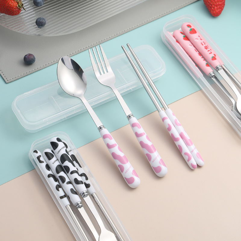 ins風卡通便攜餐具不鏽鋼筷勺叉三件套學生戶外旅遊便攜餐具套裝