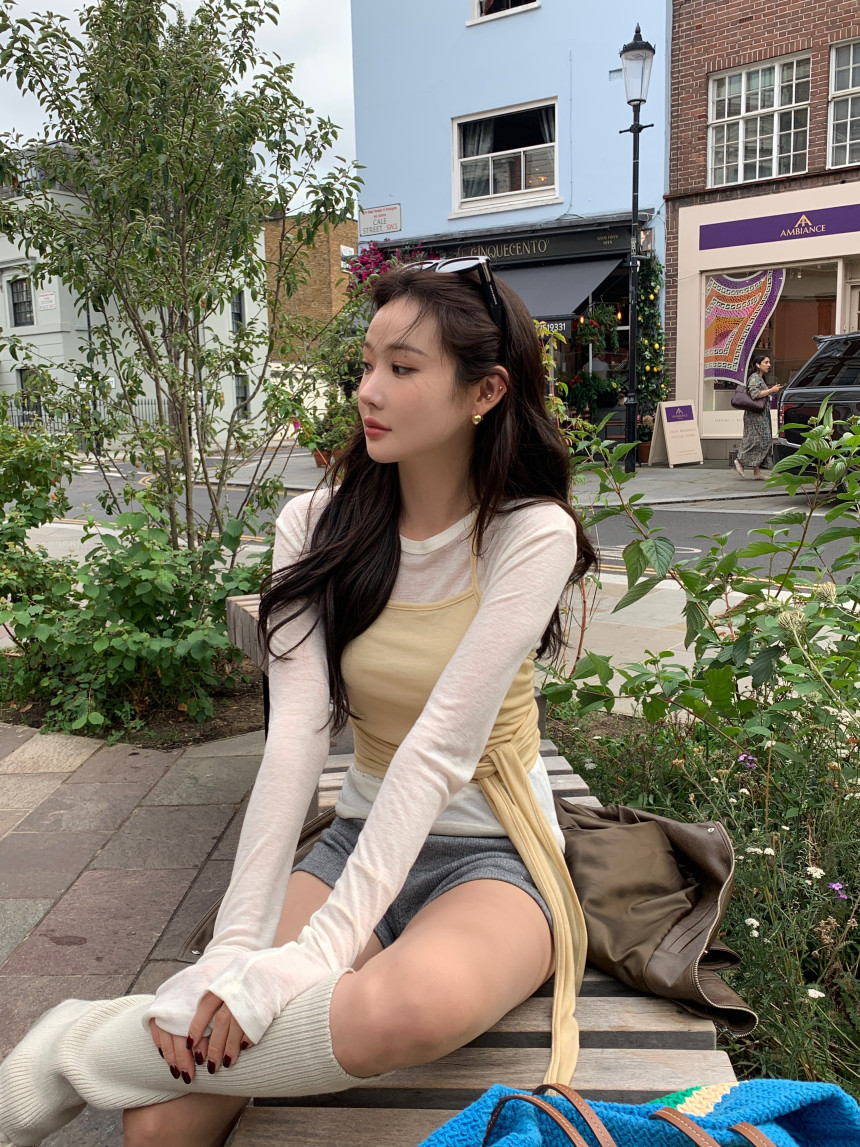 Solid Color Long Sleeve Bottoming T-shirt Halter Strap Knitted Overall Dress Set