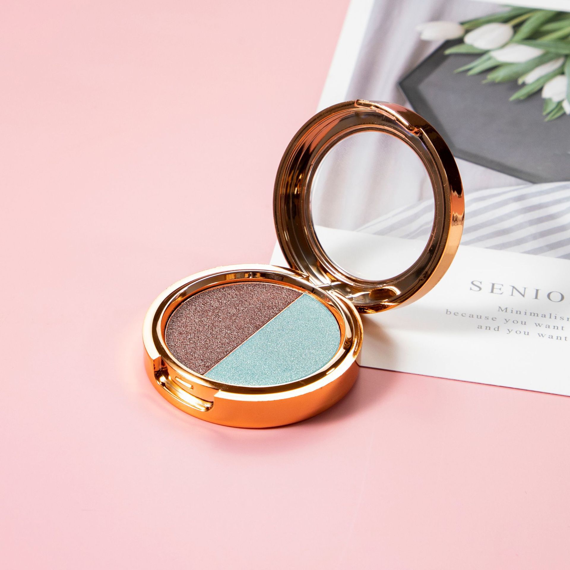 Maquillaje transfronterizo, sombra de ojos de dos colores, combinación de acabado nacarado en uno, paleta de sombras de ojos en polvo delicada y no voladora, multiusos