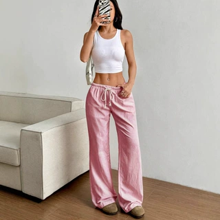 欧美跨境2025新款夏季条纹直筒长裤休闲百搭系带时尚宽松阔腿女
