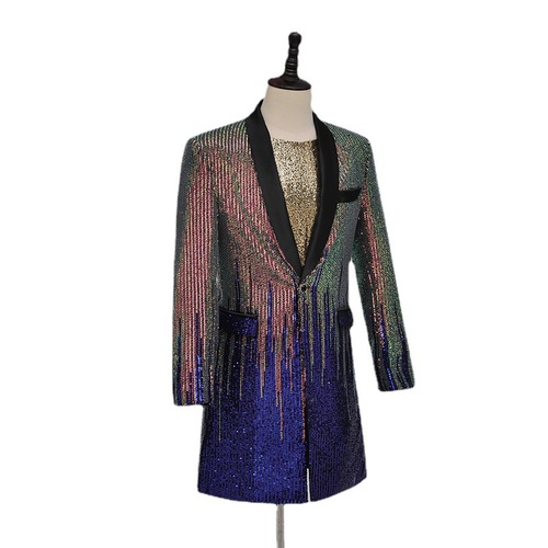 Men Youth gold royal blue sequined jazz dance long coats Rock band suit male singer dancing dress suit solo rapper gradient sequin stage banquet long jackets