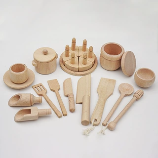 厂家直销外贸原木风木制铲子汤勺锅铲盘子碗菜板过家家厨房玩具