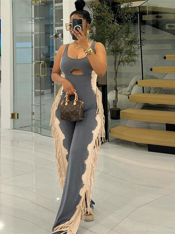 D9769 Amazon European and American Hot-Selling Women's Fashion Contrasting Color Personalized Tassel Casual Leggings Jumpsuit