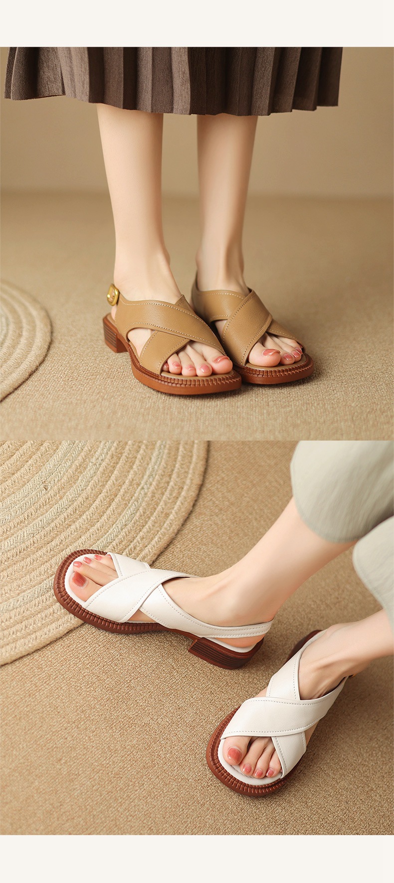 Sandal hở mũi nữ gót thấp 3.5 cm quai chéo da cừu phong cách La Mã — màu trắng ngà chi tiết 8