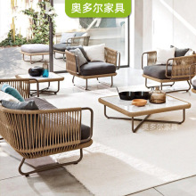 北欧庭院户外防水防晒藤编单人沙发咖啡厅奶茶店休闲洽谈会客桌椅
