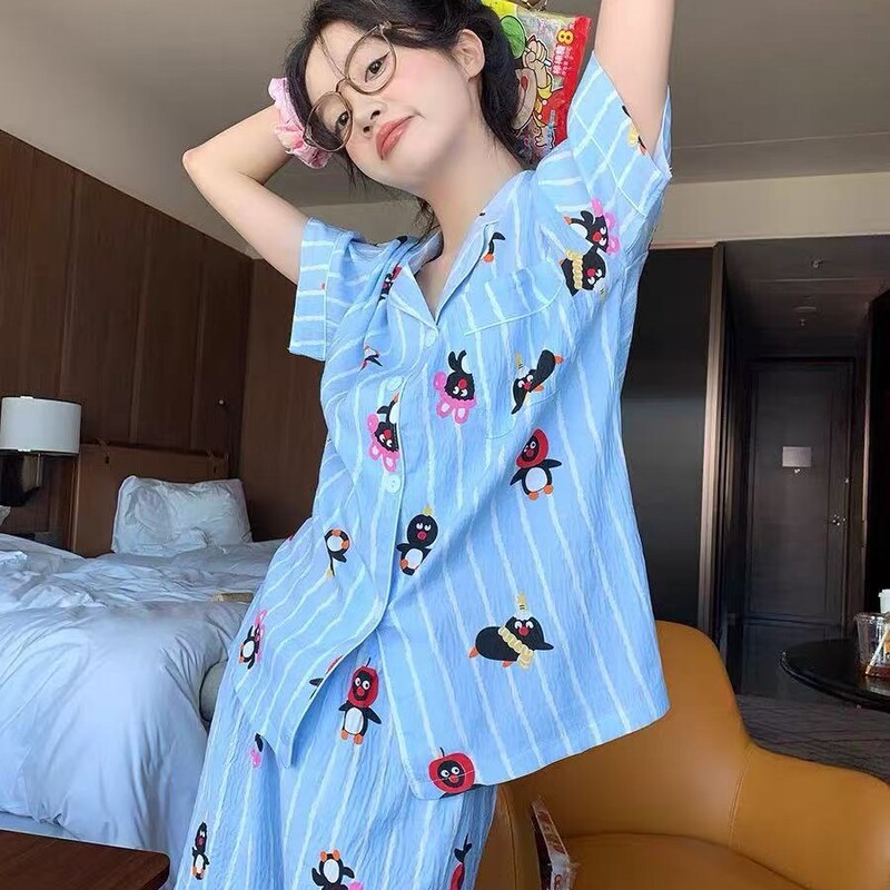 2026 Cross-Border Physical Store Live Broadcast Cloud Cotton Color-Blocked Lapel Double Short Cardigan Pajamas Women's Loungewear Set 2026 Cross-Border Physical Store Live Broadcast Cloud Cotton Color-Blocked Lapel Double Short Cardigan Pajamas Women's Loungewear Set