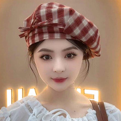 春秋薄款日系复古格子八角帽时尚贝雷帽子女透气显脸小文艺报童帽