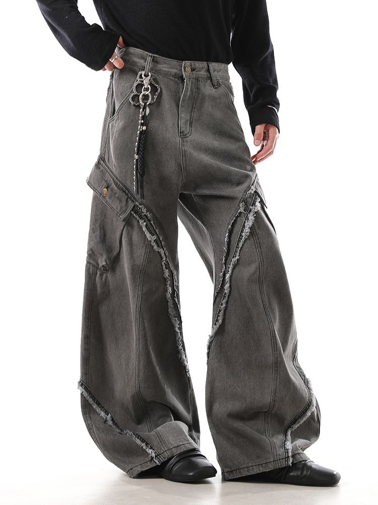 Retro americano bordes de cimetaje contorno jeans estilo de diseño de alta calle estereoscópico bolsillo grande pantalones casuales sueltos
