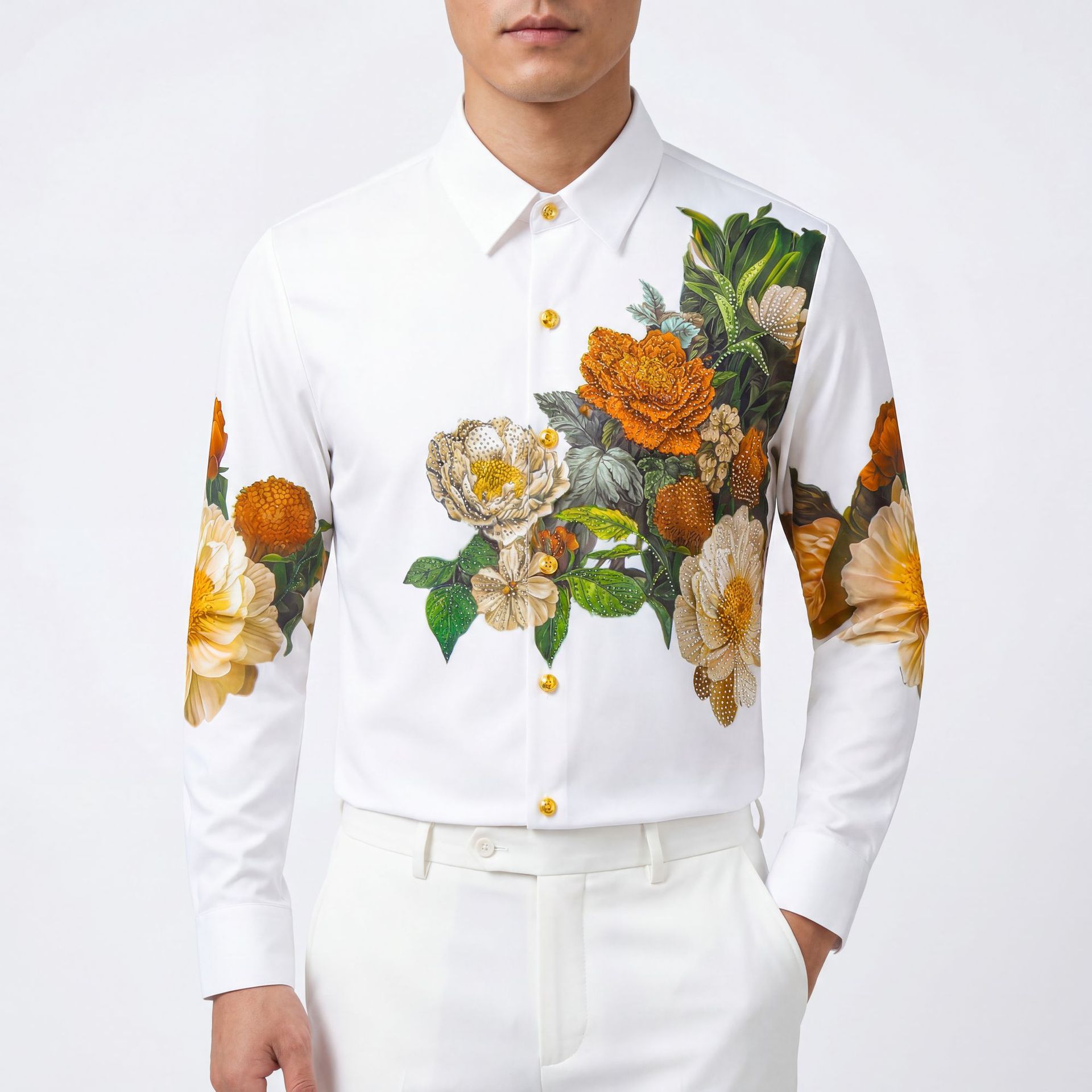 Luxury menswear, exquisitely crafted digitally printed rhinestone peony long-sleeved shirt, wrinkle-free, from a cross-border source factory.