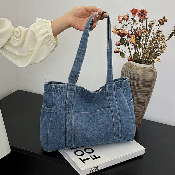 Cross-Border Large-Capacity Denim Bag for Women, Lightweight and Versatile Shopping Bag, Student Tutoring Bag, Tote Bag, Shoulder Bag