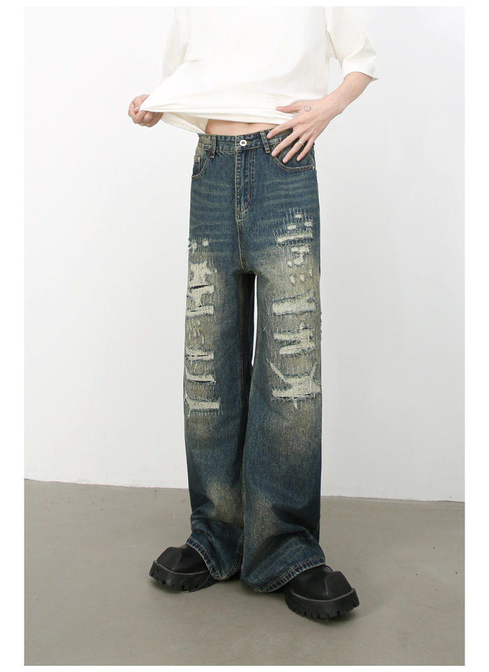 Quần jean nam ống rộng denim rách giặt cũ phong cách đường phố — Màu xanh lam, Đen xám chi tiết 7