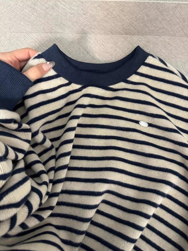 美式复古条纹毛衣圆领针织衫无帽卫衣女2025秋冬新款宽松慵懒上衣|undefined