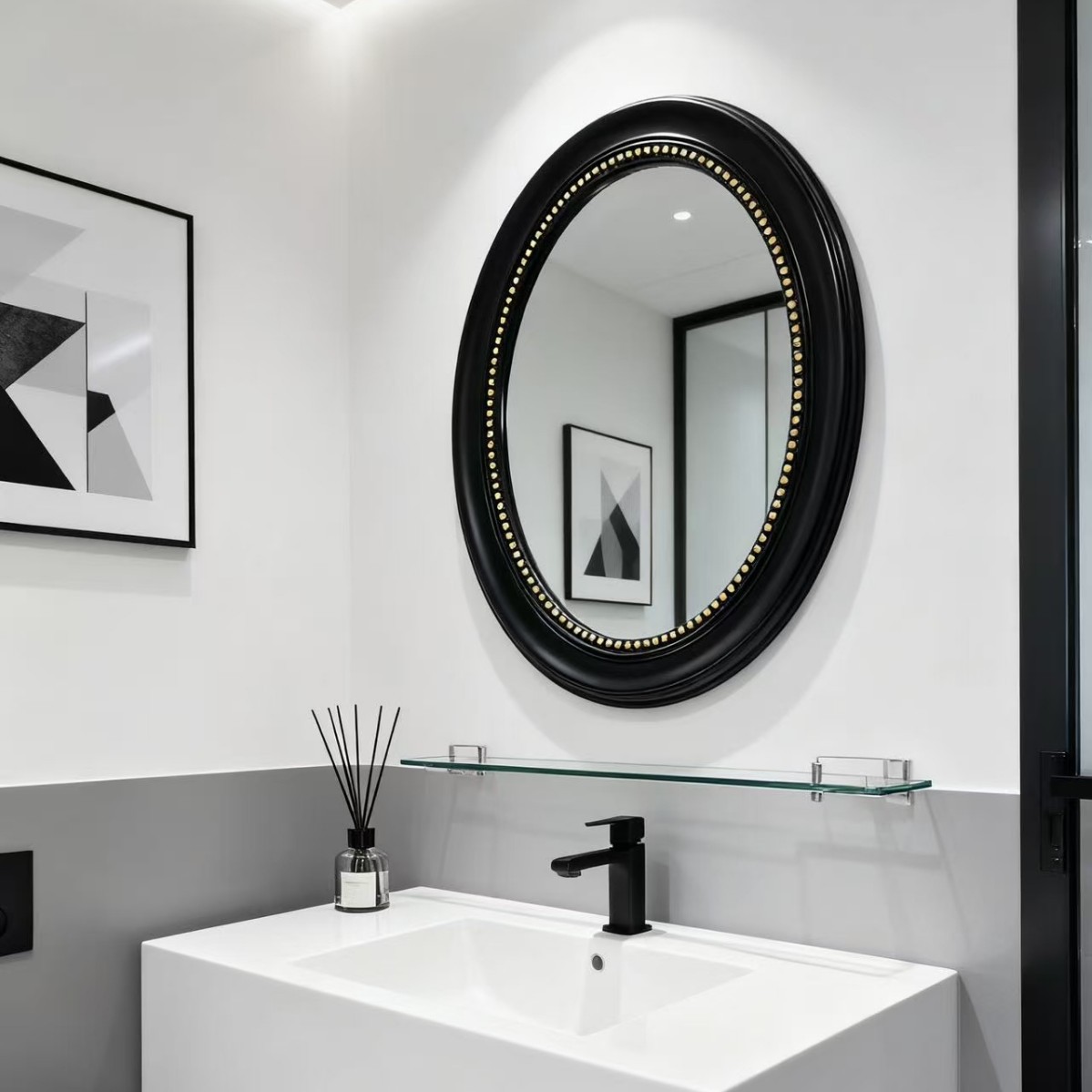 French-Style Bathroom Mirror, Oval Wall-Mounted Home Smart Bathroom Mirror, Trendy Bedroom Vanity Mirror