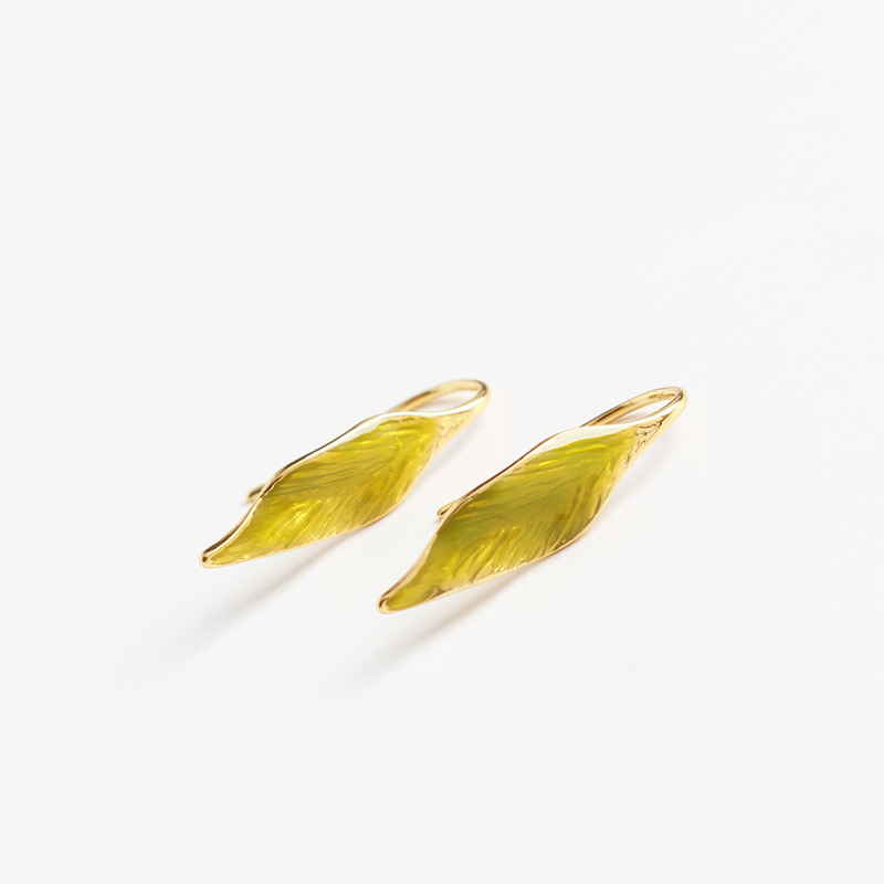 New 18K Gold-Filled Enamel Drop Glaze Green Leaf Ear Hook Style Women's Fresh and Simple Earrings