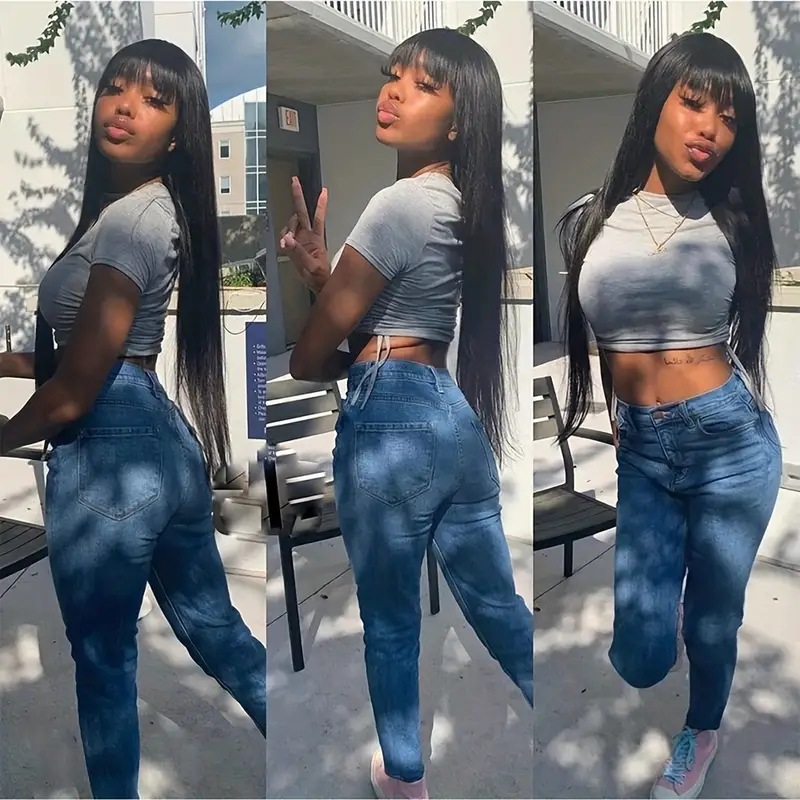 Peruca longa e lisa estilo europeu-americano com franja, sintética, cobertura total da cabeça, tamanho médio, ondulada, feita à máquina, com presilhas._voghion.com