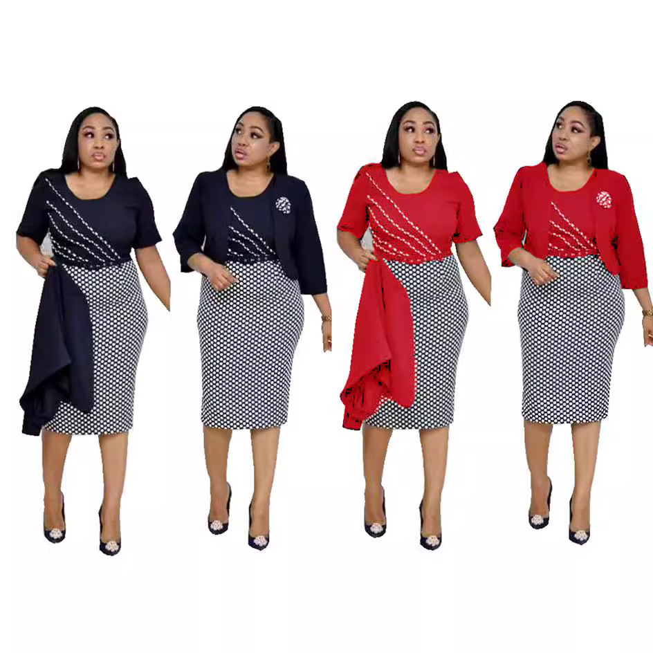 Aliexpress Popular African Plus Size Women's Round Neck Plaid Ol Elegant Commuter Dress + Small Outwear