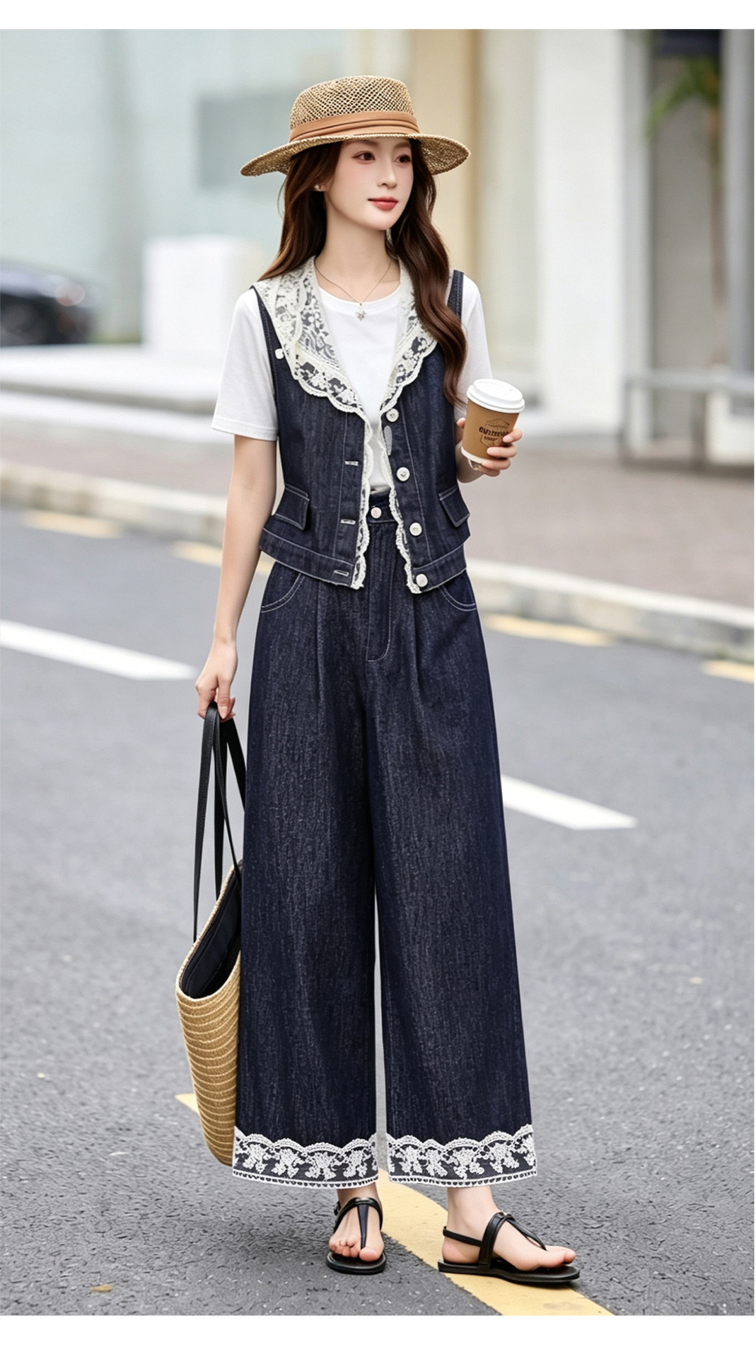 Bộ ba mảnh denim mùa hè 2026: áo khoác không tay mũ liền ren + áo thun + quần ống suông — Màu ảnh chi tiết 17