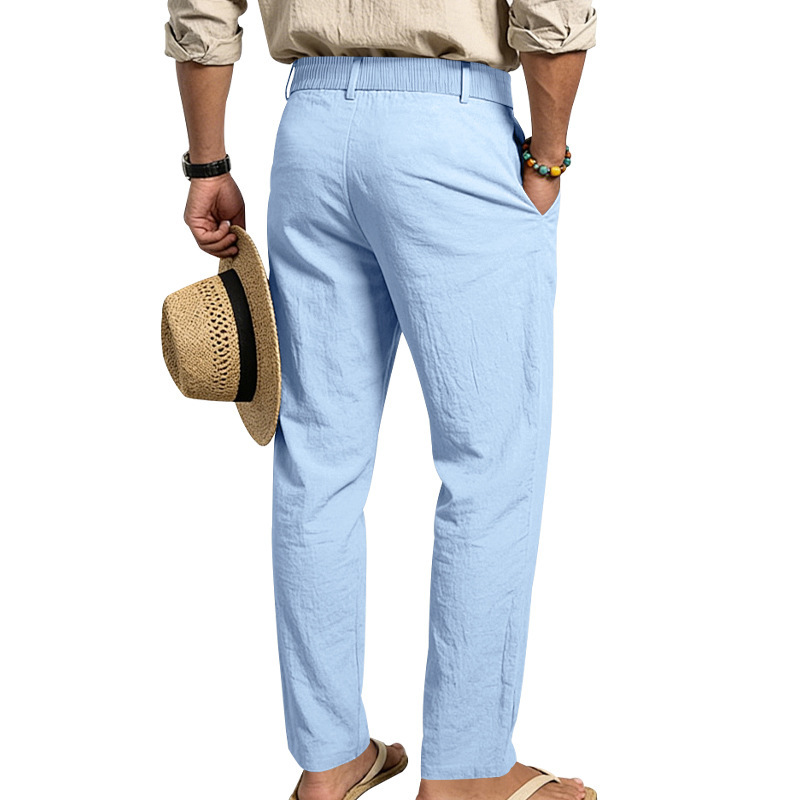 Men's Solid Color Linen Pants Simple Loose Fit High End Straight Leg Casual Midweight Polyester Long Trousers_viptrois.com