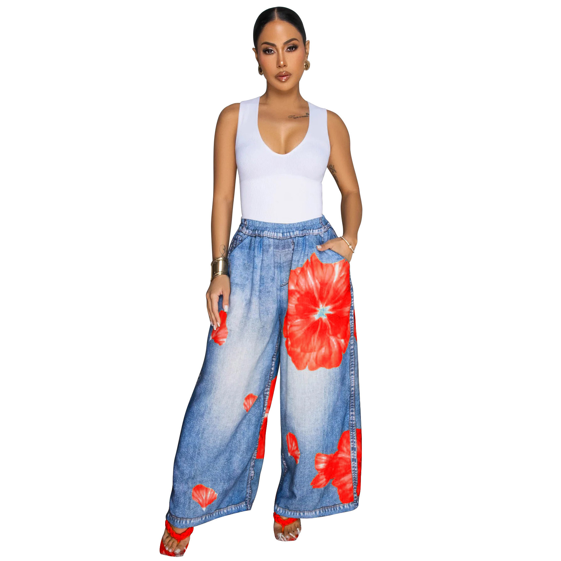 2025 Manufacturer Cross-Border Amazon European and American Foreign Trade Women's Clothing Russia Europe Printed Wide-Leg Pants Casual Women's Pants