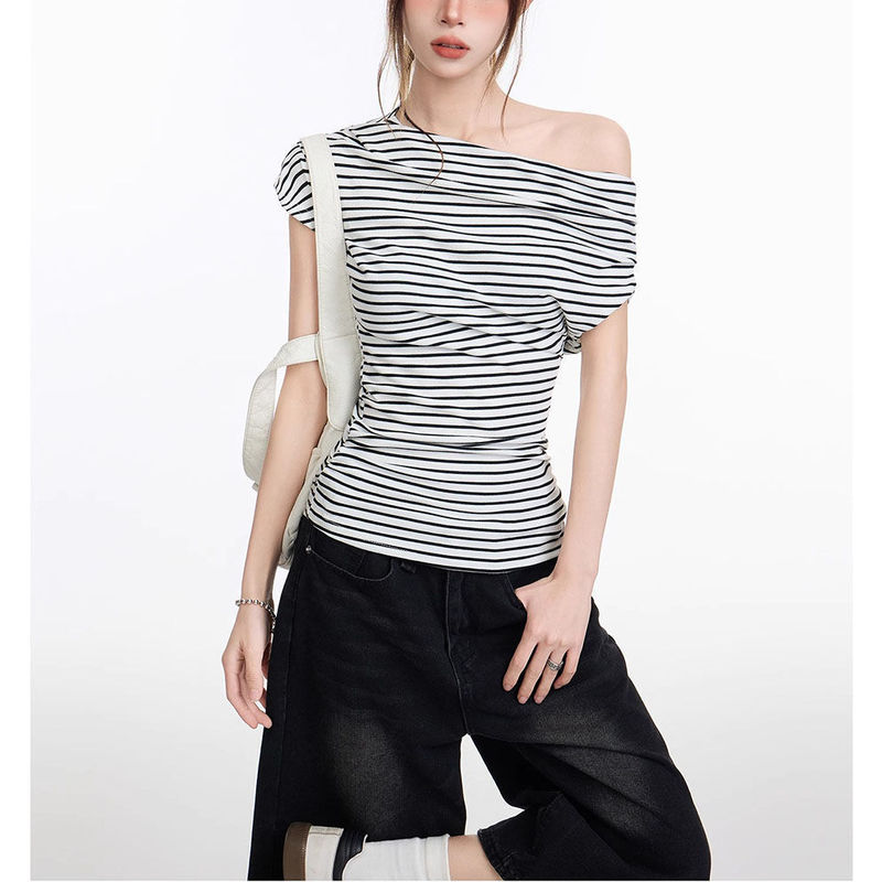 American Black Stripesd Slanted Shoulder Off-Shoulder Short-Sleeved T-Shirt for Women in Summer Slimming Look Waist Slimming Look Design Niche Top