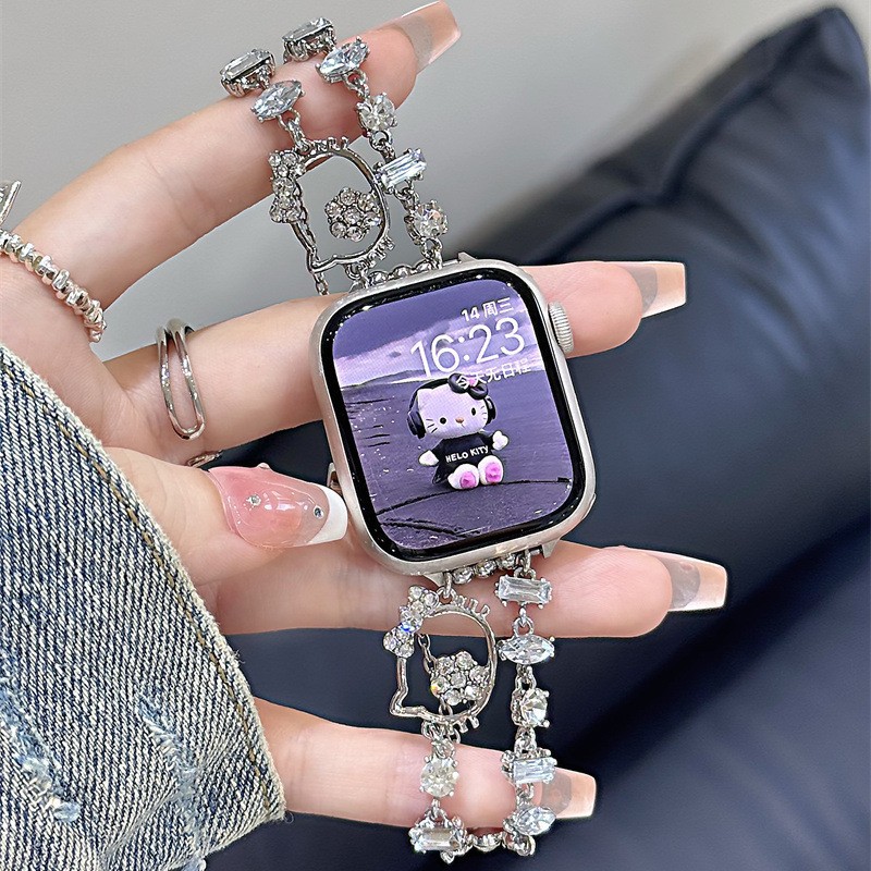 时尚钻拼Kt猫手链表带适用苹果手表带Applewatch98765代se串珠