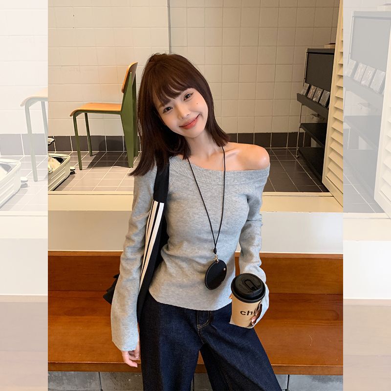 Women's Long-sleeved Knit Sweater with Slant Shoulder and Open Shoulder for Autumn and Winter Slim-fit Slimming Pure Desire Spice Girl Grey Top Base Shirt Design Sense Women's Long-sleeved Knit Sweater with Slant Shoulder and Open Shoulder for Autumn and Winter Slim-fit Slimming Pure Desire Spice Girl Grey Top Base Shirt Design Sense