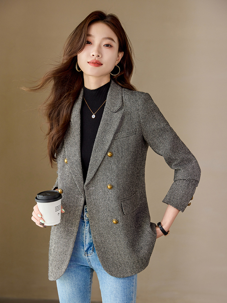 【海外貿易人気商品】高級ウールコーヒー色の綿入りスーツジャケット レディース 2026春秋 韓国風ダブルブレストジャケット