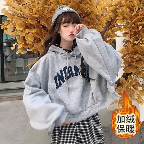 250克加厚加绒假两件条纹拼接卫衣2023新款女连帽卫衣慵懒风外套