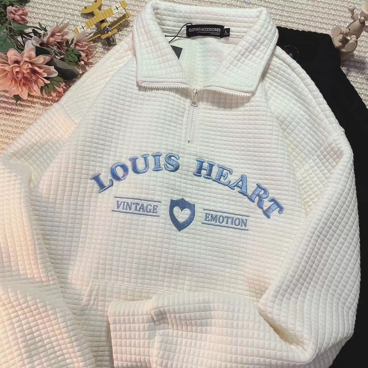 Polo americano waffle suéter mujeres primavera y otoño diseño sentido nicho estilo coreano flojo perezoso bordado superior