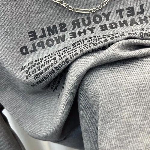 Pure Color Ribbed Knit Print Letter T-Shirt Women's Top Spring Chain Long Sleeve Base Shirt Trend