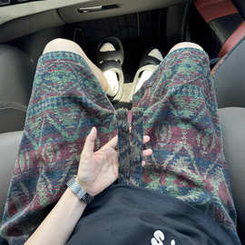 针织脏脏风短裤男夏季民族风印花过膝五分裤休闲痞帅oversize中裤