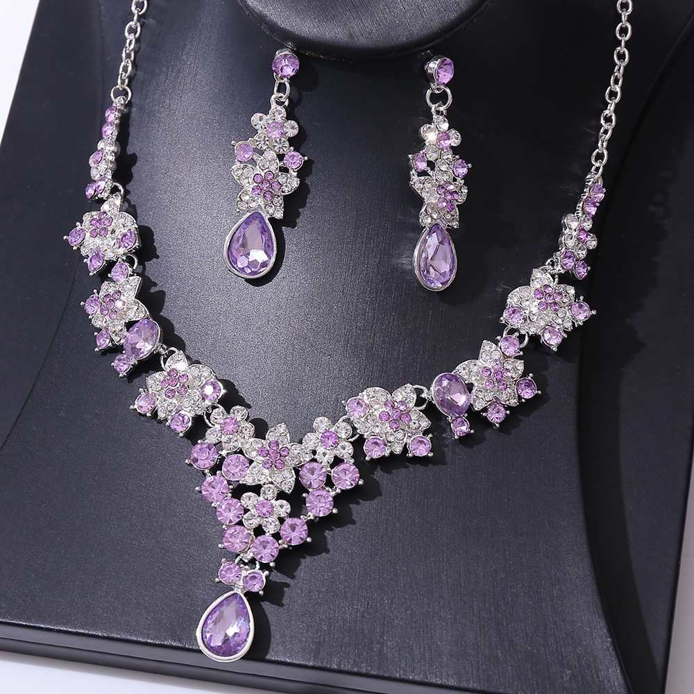 1 Set Quantity Bridal Water Droplets Flower Alloy Inlay Rhinestones Earrings Necklace