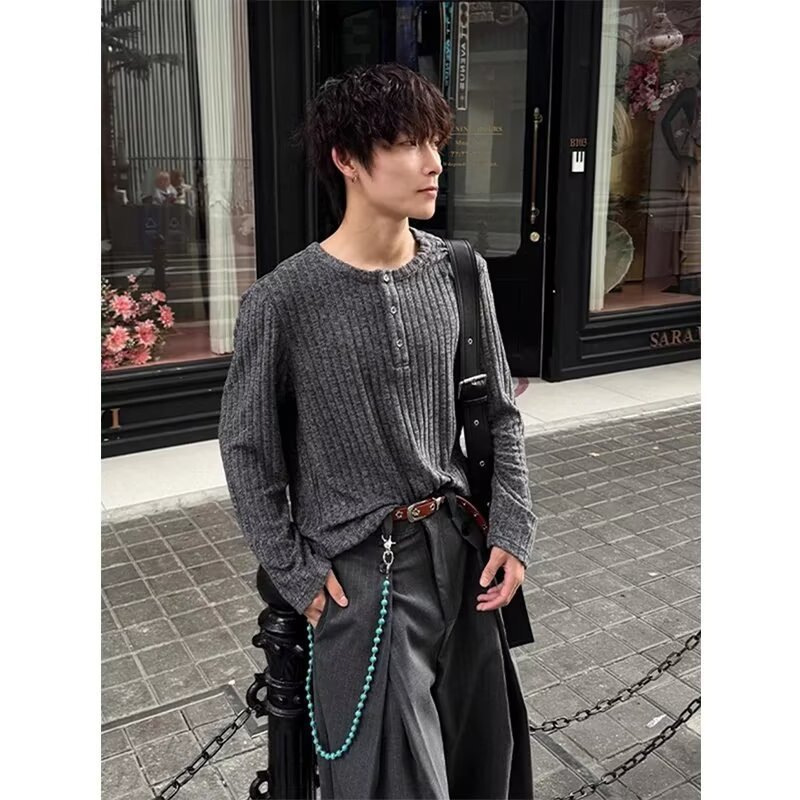 Old Money Style Henry Collar Long-Sleeved T-Shirt for Men and Women Autum Button Pit Hooded Sweatshirt Cleanfit Bottoming Shirt