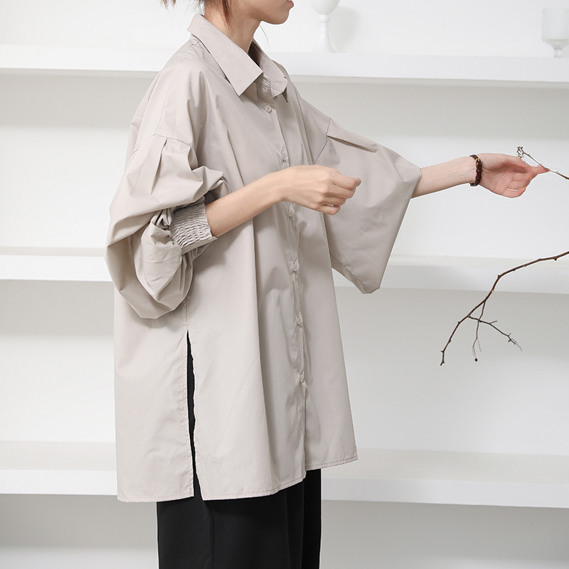 日系秋季新款女装宽松女式衬衫设计感灯笼袖时尚百搭显瘦纯色上衣|undefined