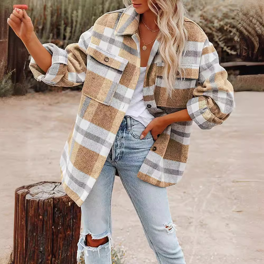 2022 Amazon Otoño e Invierno ropa de mujer transfronteriza europea y americana Amazon botón a cuadros franela abrigo de camisa de lana