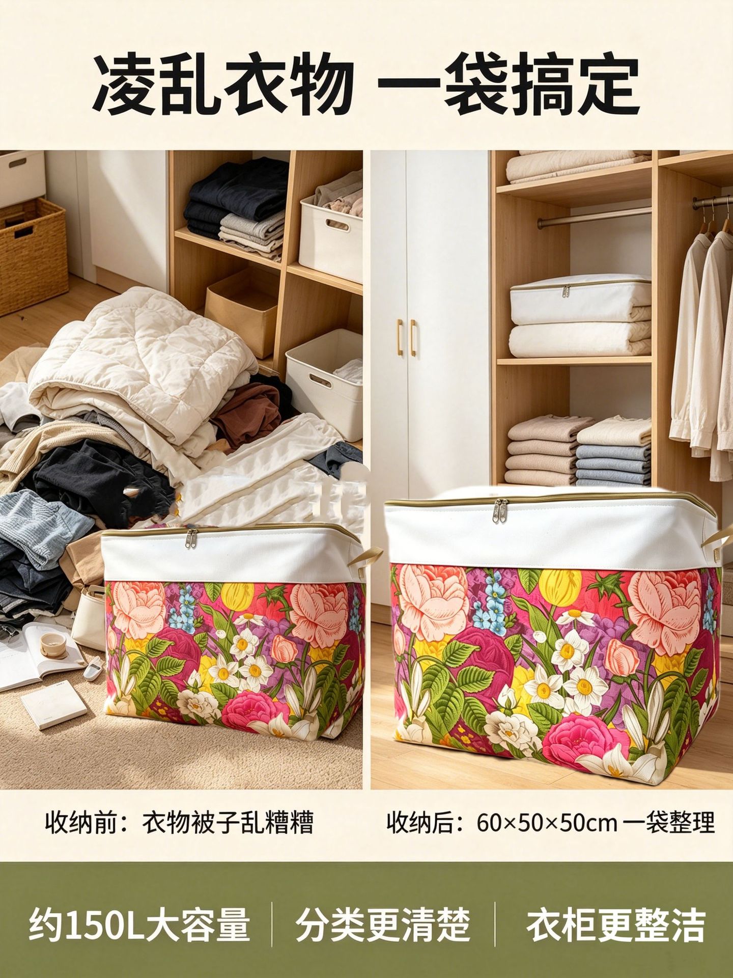 (In Stock, Fast Shipping) Household Zippered Storage Box with Steel Ring and Lid, Moisture-Proof Organizer Bag, Foldable Moving Container