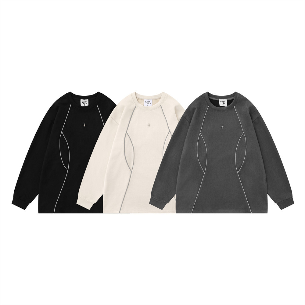 Vibe Trendy Loose Round Neck Sweatshirt Spring Autumn Men's Niche Design Line Split Patchwork Pullover_voghion.com