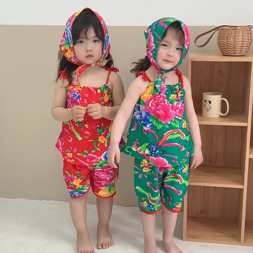 Children's strap set, unisex thin cotton silk vest and shorts two-piece set, popular baby Northeast flower set