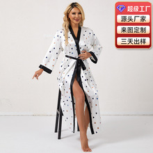性感桃心印花图案拼色睡袍系带款式时尚睡袍女士舒适休闲家居服