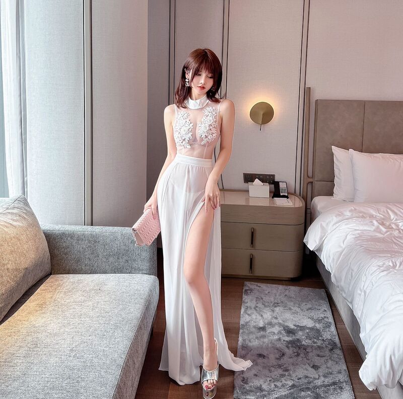 Sexy see-through mesh stitching long dress hand-stitched flower open-cut dress night show wear stage wear Sexy see-through mesh stitching long dress hand-stitched flower open-cut dress night show wear stage wear