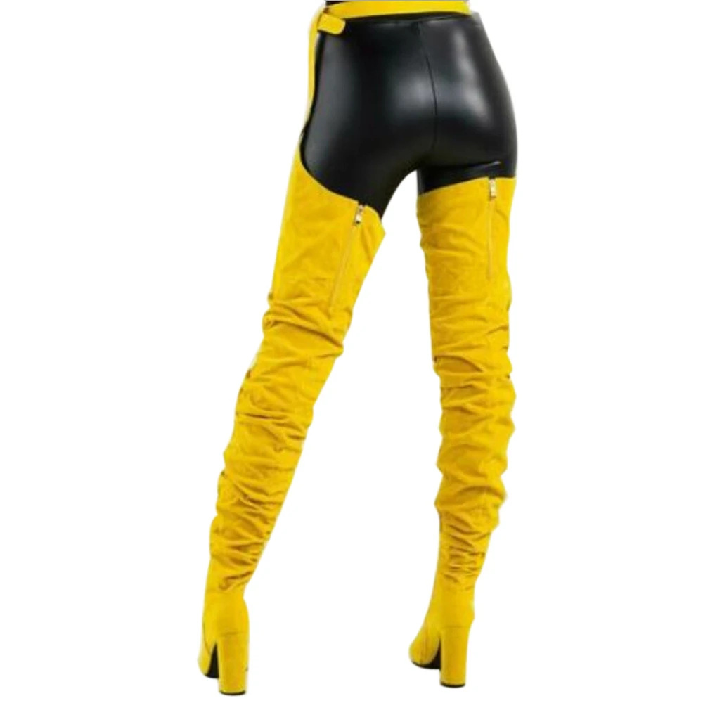 Scarpe da donna in pelle scamosciata tinta unita alla moda con punta affilata e tacco spesso sopra il ginocchio e la vita stivali sexy stivali alla moda da donna_voghion.com