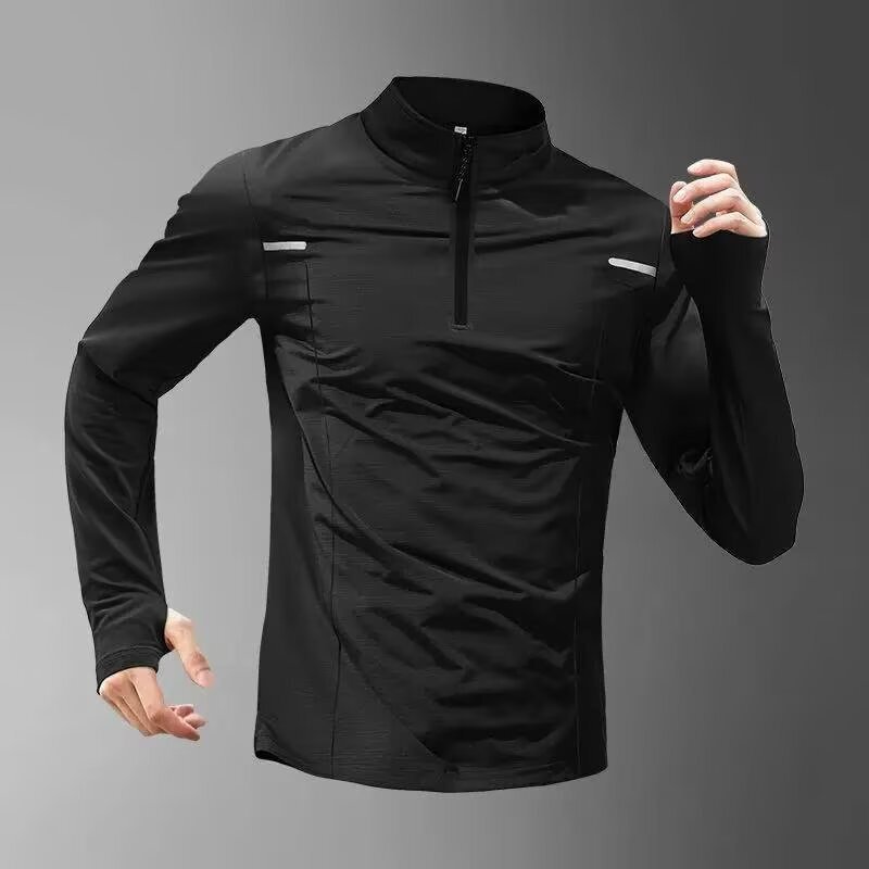 Half-Zip Sports T-Shirt Men's Summer Long-Sleeved Quick-Drying Thin Training Stand-Up Collar Fitness Outdoor Running Top Ice Silk