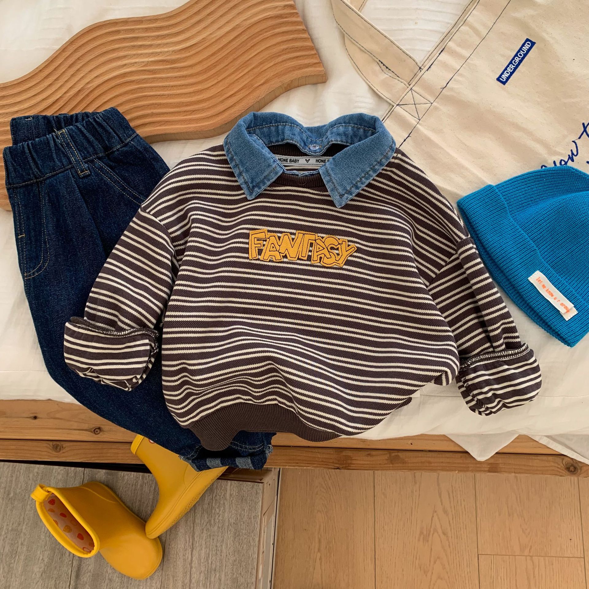 Felpa con cappuccio per bambini 2023 Bangcheng Autunno Ragazzi A Righe Cowboy Collo Con Cappuccio Bambino Casual Top C0213_voghion.com